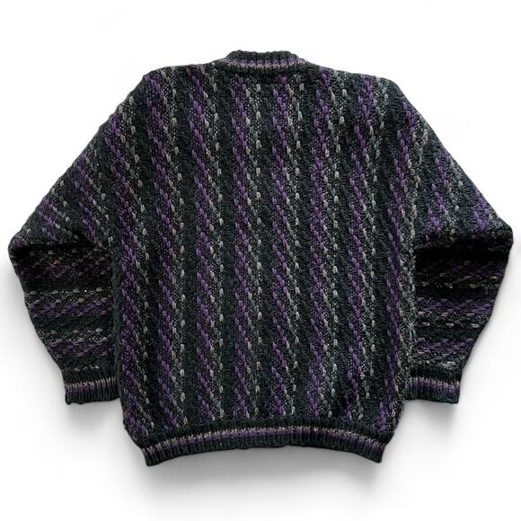 Vintage Chunky Hand Knit Striped Cardigan Sweater Black Purple Grandpa L Preppy - Picture 3 of 11